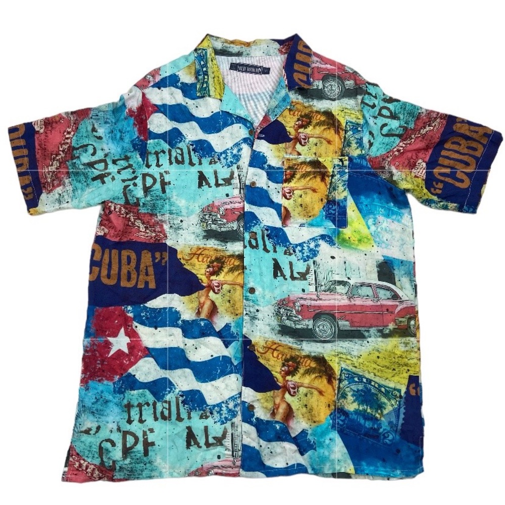 Blue Martin Cuba graphic button down lightweight summer spring fishing shirt XL
